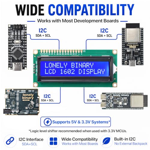 Lonely Binary 3-Pack 1602 LCD Display Module, Built-in I2C, 16x2 Blue