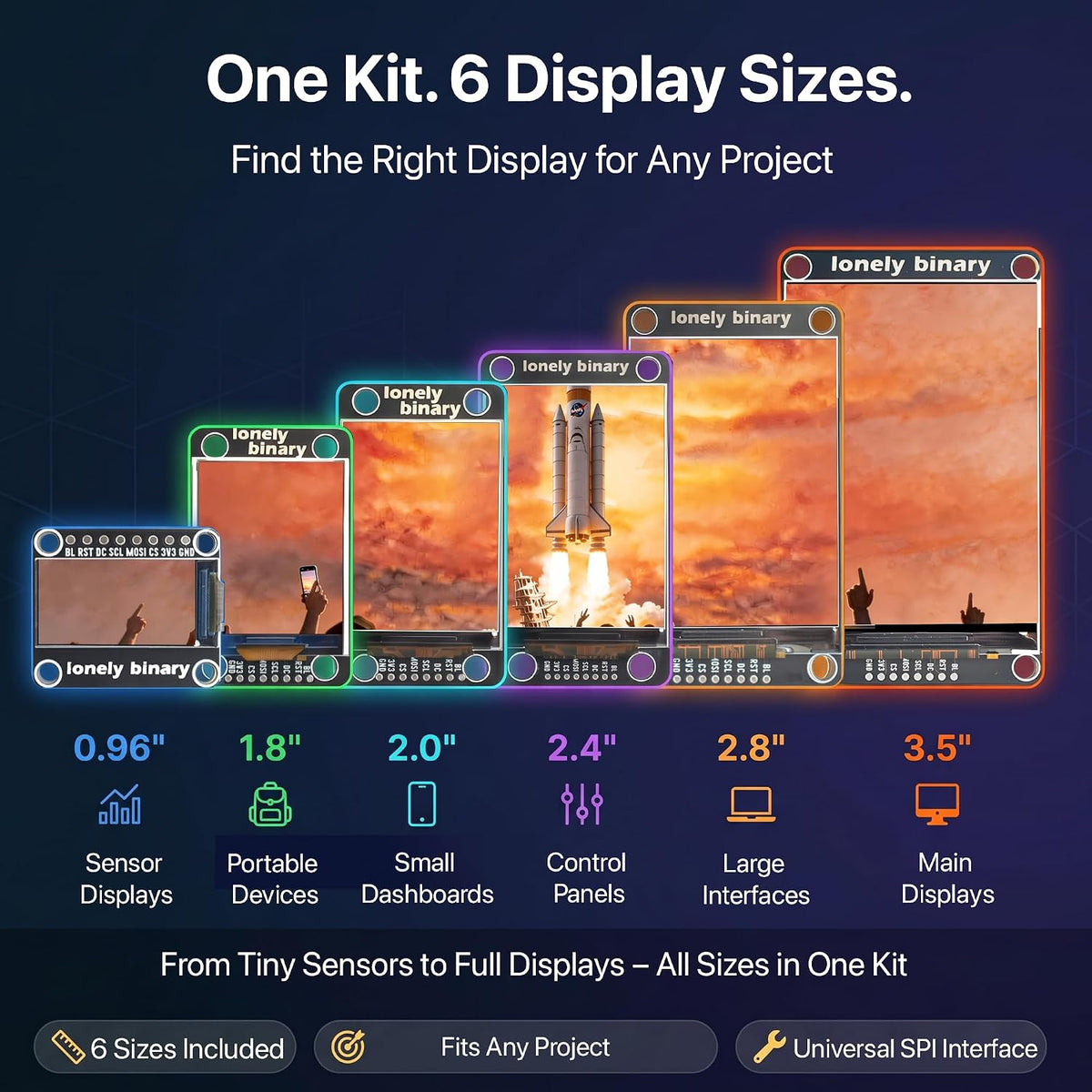 6-Pack SPI TFT LCD Display Kit, 0.96"–3.5"