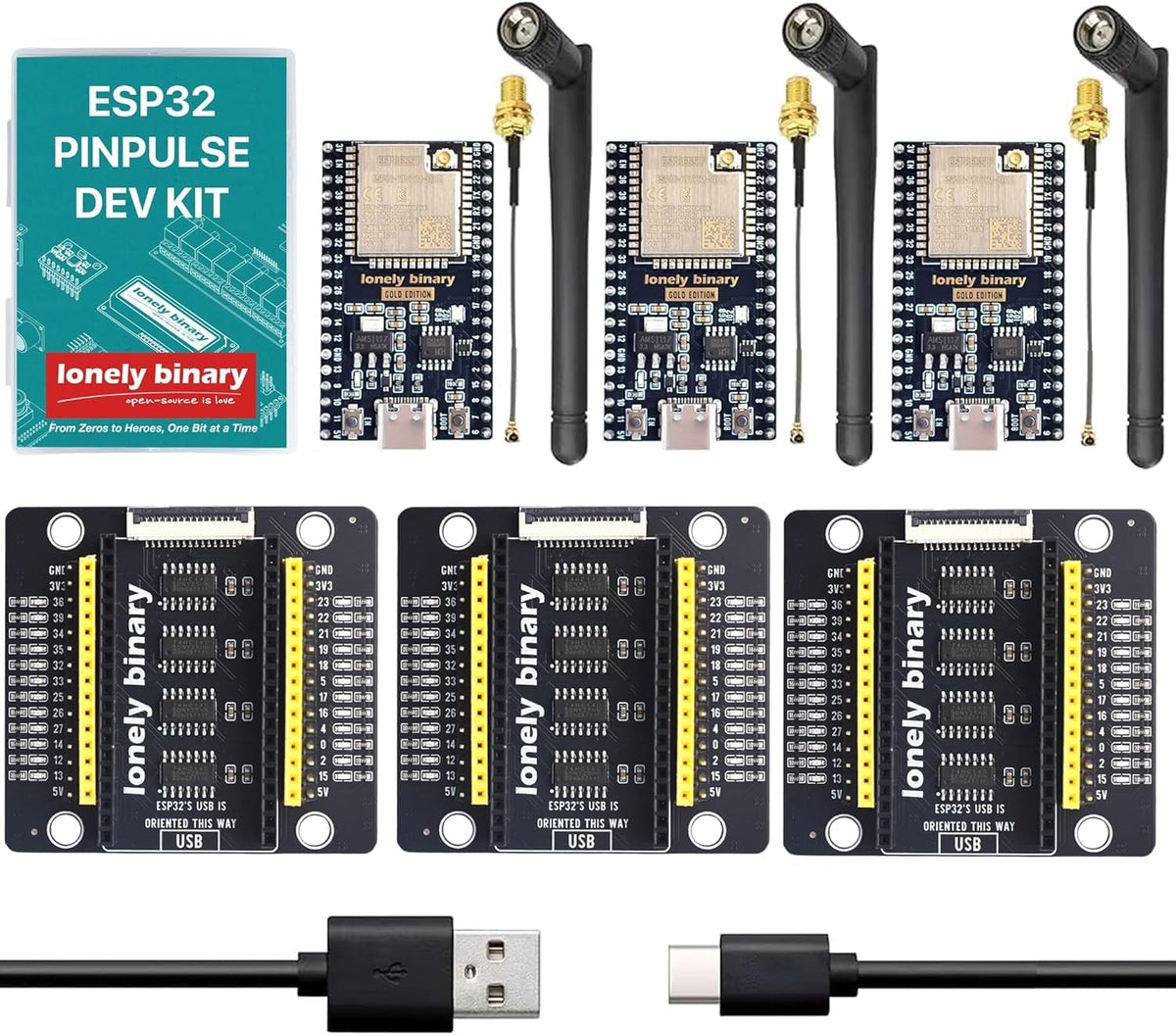 3-Pack ESP32 WROOM-32UE with IPEX Antenna + GPIO LED
