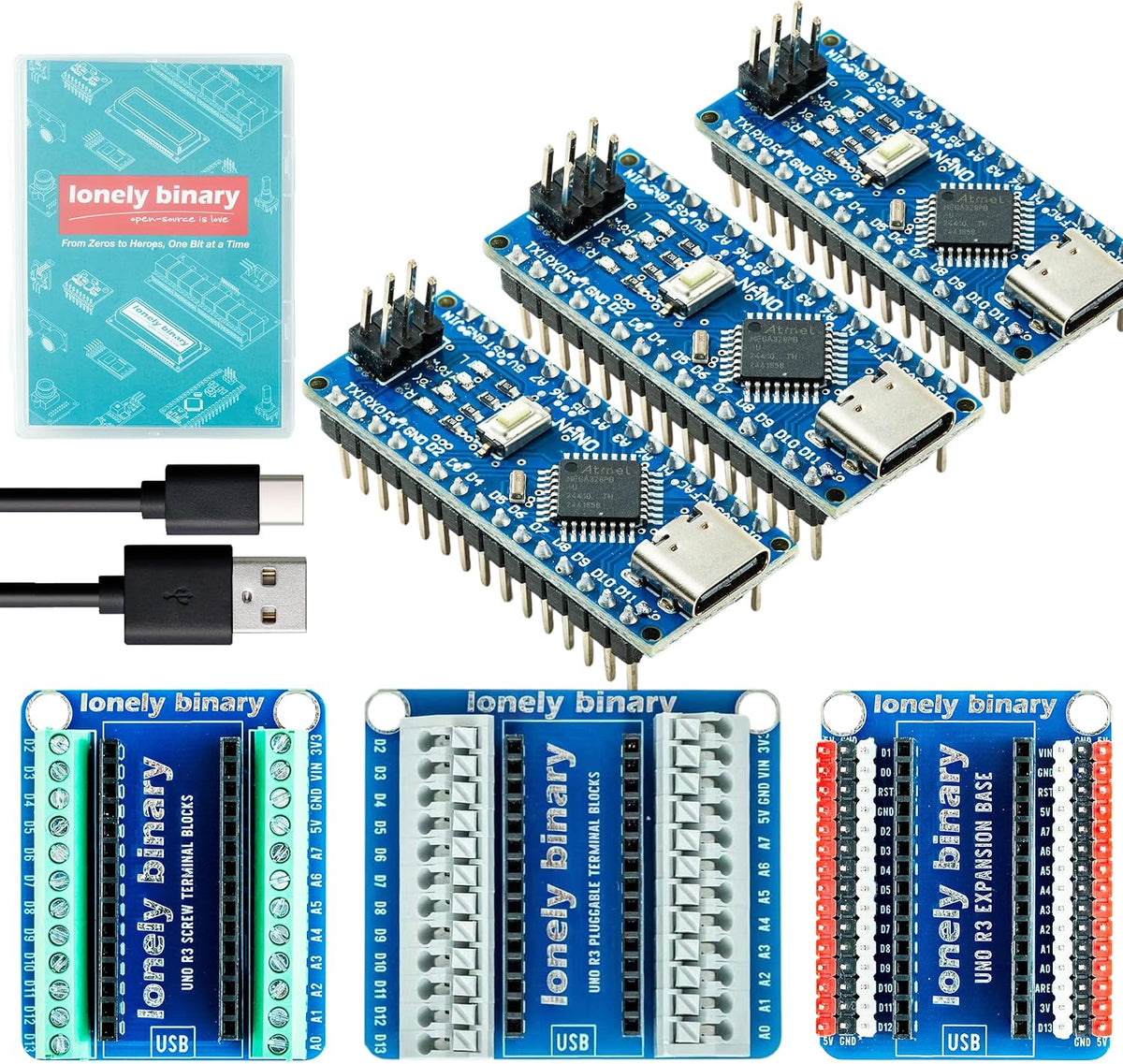 3-Pack Nano V3.0 ATmega328P USB-C + 3 Expansion Bases