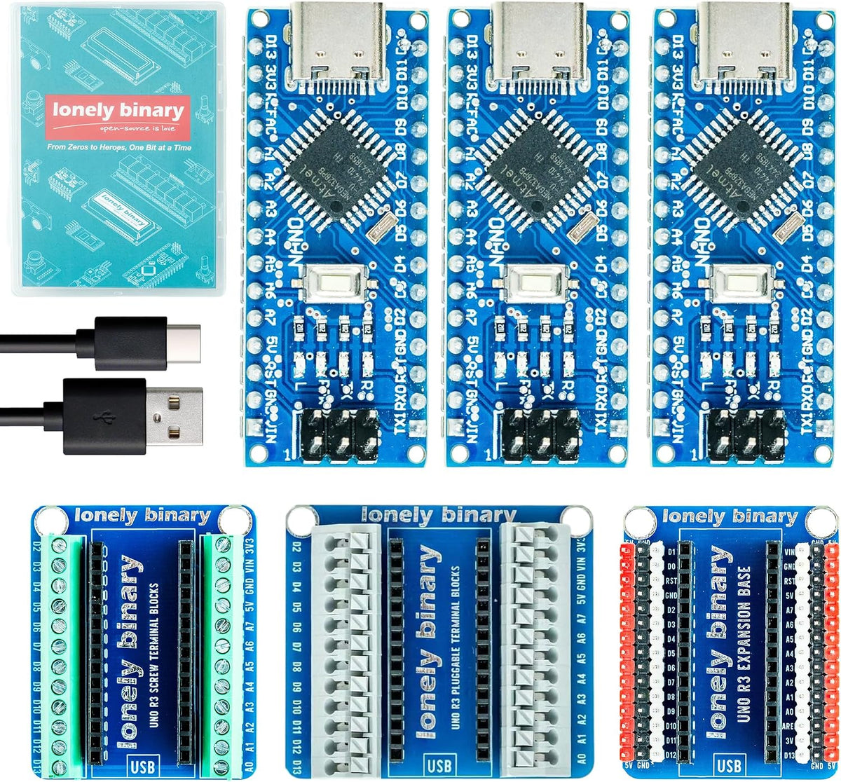 3-Pack Nano V3.0 ATmega328P USB-C + 3 Expansion Bases