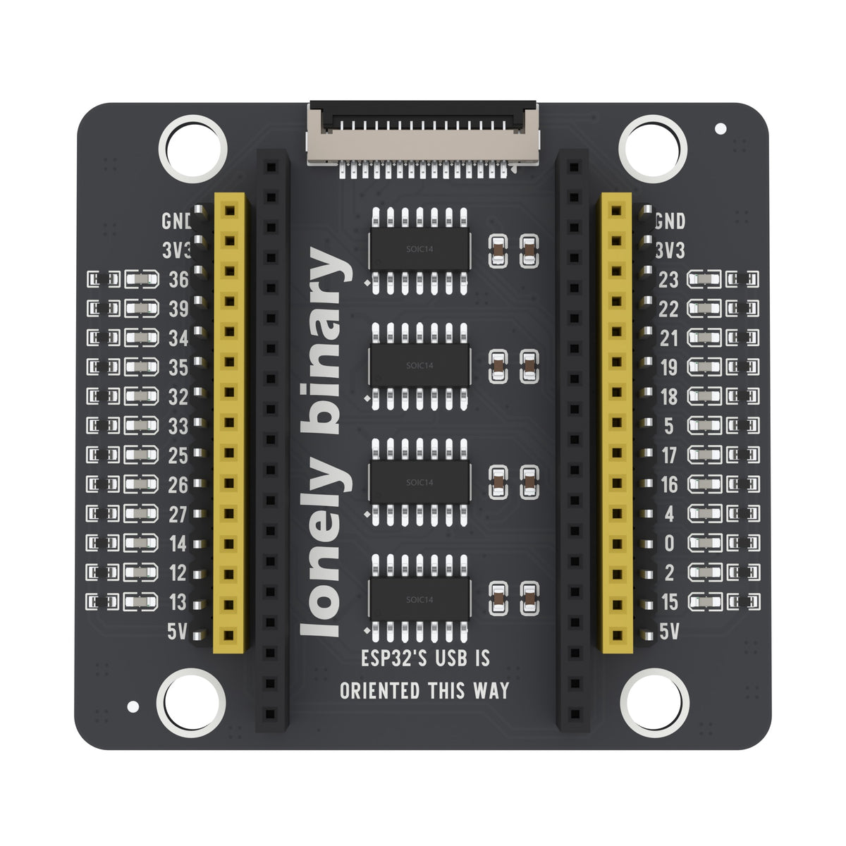 ESP32 PinPulse Shield seen from above: a column of LEDs beside each pin strip and four inverter chips down the middle
