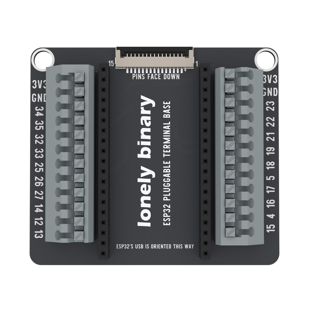 ESP32 Pluggable Terminal Base seen from above: two rows of grey push-in terminals either side of the ESP32 sockets