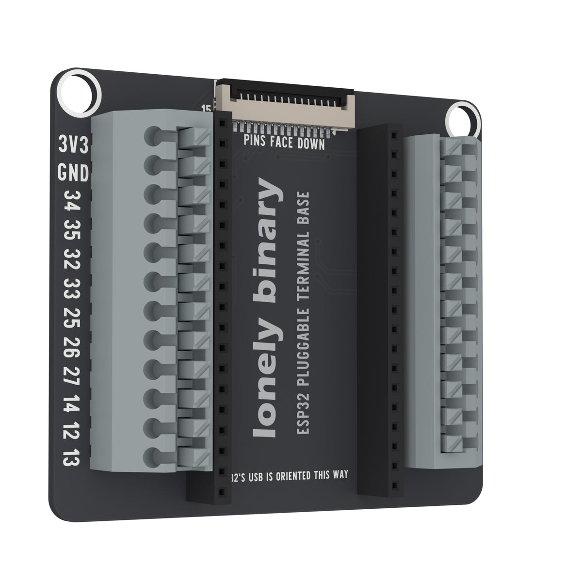 ESP32 Pluggable Terminal Base swung 30 degrees away on its left edge