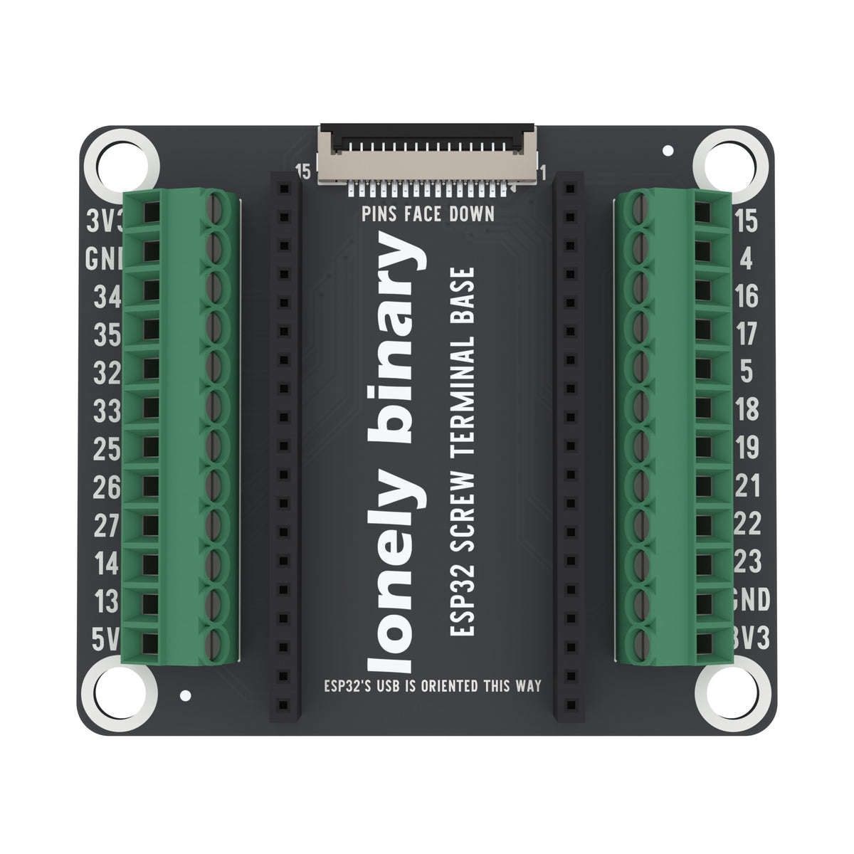 ESP32 Screw Terminal Base seen from above: two rows of green screw terminals either side of the ESP32 sockets