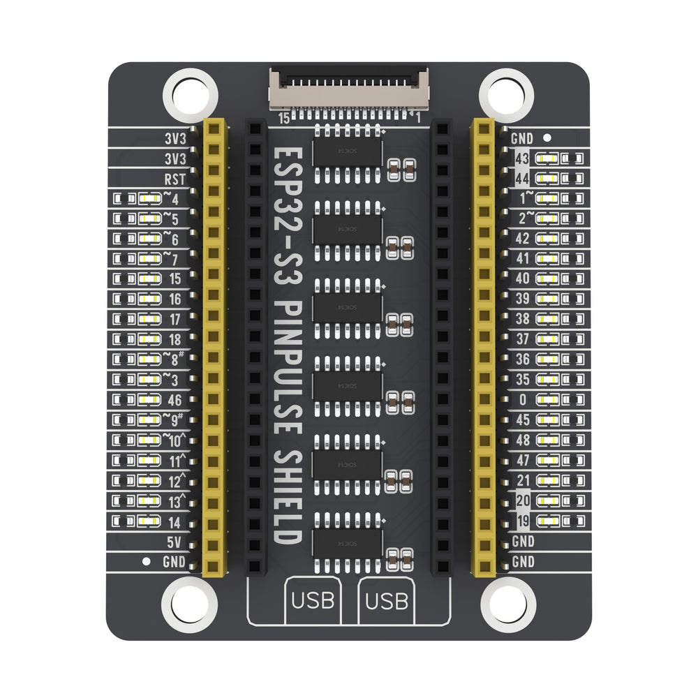 ESP32-S3 PinPulse Shield seen from above: GPIO labels, LEDs and display port