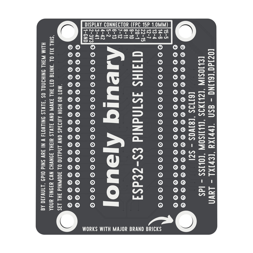 Underside of the ESP32-S3 PinPulse Shield with pin labels and display connector mapping