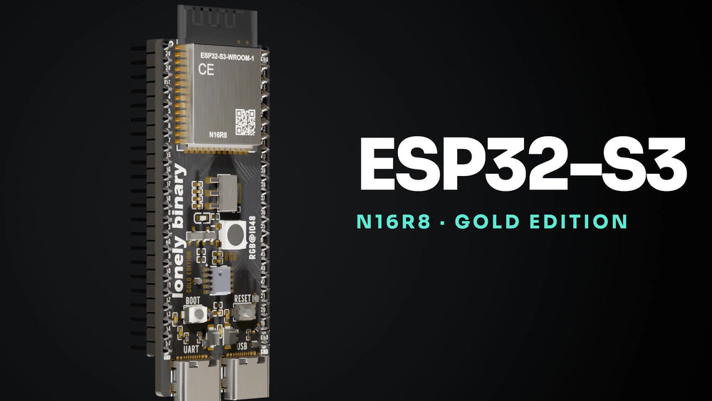 ESP32-S3 Gold Edition N16R8: the board assembling itself, then 16 MB flash, 8 MB PSRAM, 240 MHz dual core, Wi-Fi and BLE 5, two USB-C ports and 44 pins
