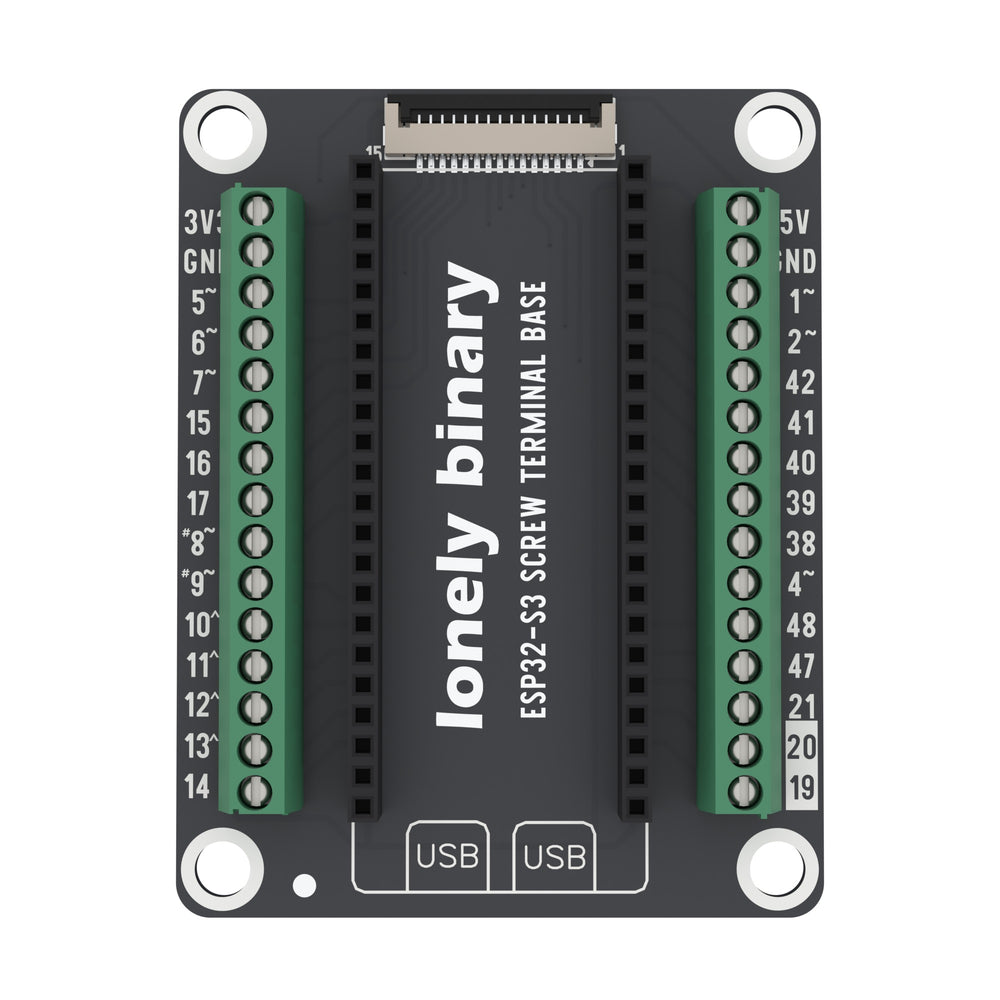 ESP32-S3 Screw Terminal Base seen from above: two rows of green screw terminals either side of the ESP32-S3 sockets