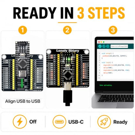 Lonely Binary 3X Nano V3.0 ATmega328P USB-C with PinPulse LED Shield Kit