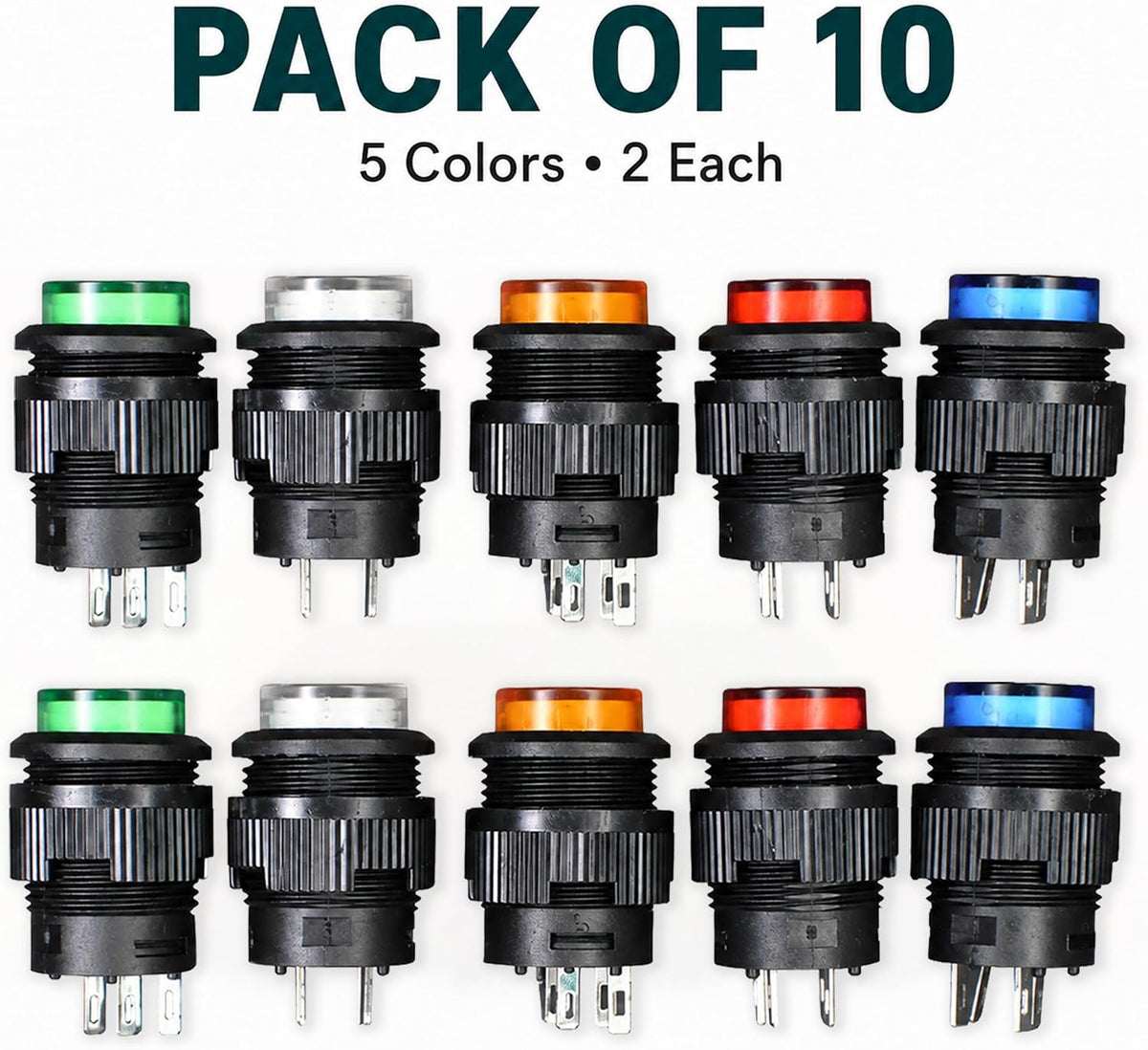 10-Pack 16mm Latching LED Push Button Switch, 5 Colours