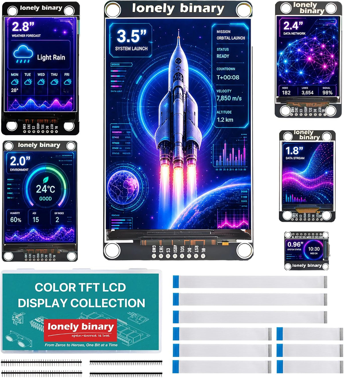 6-Pack SPI TFT LCD Display Kit, 0.96"–3.5"