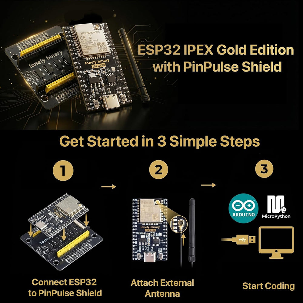 ESP32-WROOM-32UE IPEX + PinPulse Shield, 3-Pack