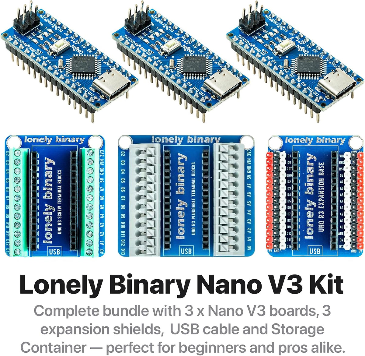 3-Pack Nano V3.0 ATmega328P USB-C + 3 Expansion Bases