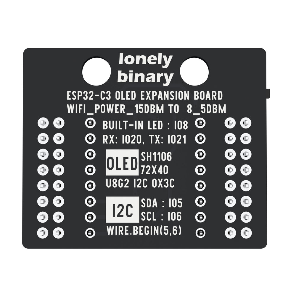 The back of the ESP32-C3 OLED expansion base: lonely binary and ESP32-C3 OLED EXPANSION BOARD printed down the middle with the display, I2C and LED pin notes.