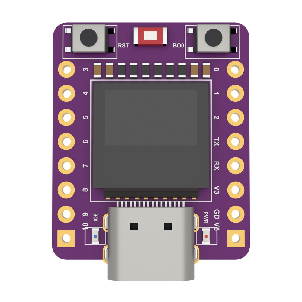 The ESP32-C3 OLED board seen from above: a purple board with a 0.42 inch OLED in the middle, a USB-C socket at the bottom, RST and BOO buttons at the top and a column of eight holes down each side.