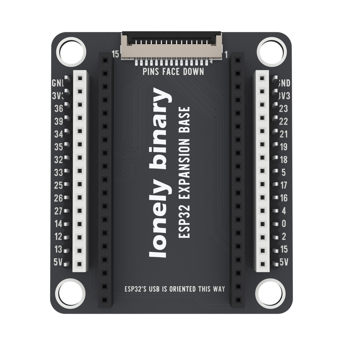 ESP32 Expansion Base seen from above: pin strips either side of the ESP32 sockets