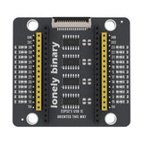 ESP32 PinPulse Shield seen from above: a column of LEDs beside each pin strip and four inverter chips down the middle