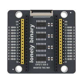 ESP32 PinPulse Shield seen from above: a column of LEDs beside each pin strip and four inverter chips down the middle