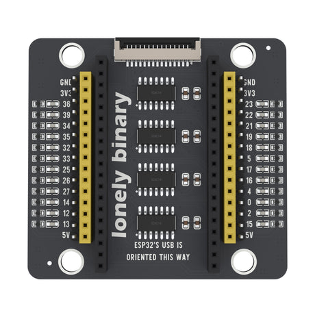 ESP32 PinPulse Shield seen from above: a column of LEDs beside each pin strip and four inverter chips down the middle