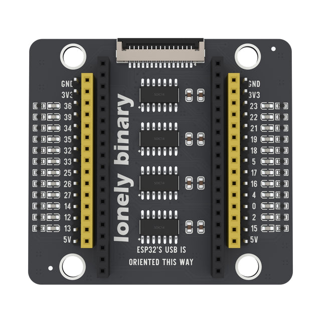 ESP32 PinPulse Shield seen from above: a column of LEDs beside each pin strip and four inverter chips down the middle