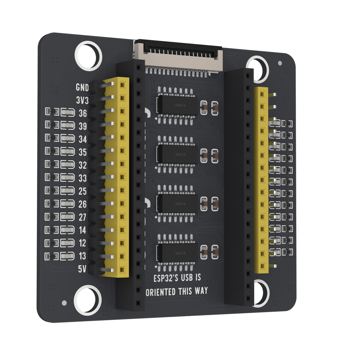 ESP32 PinPulse Shield swung 30 degrees away on its left edge