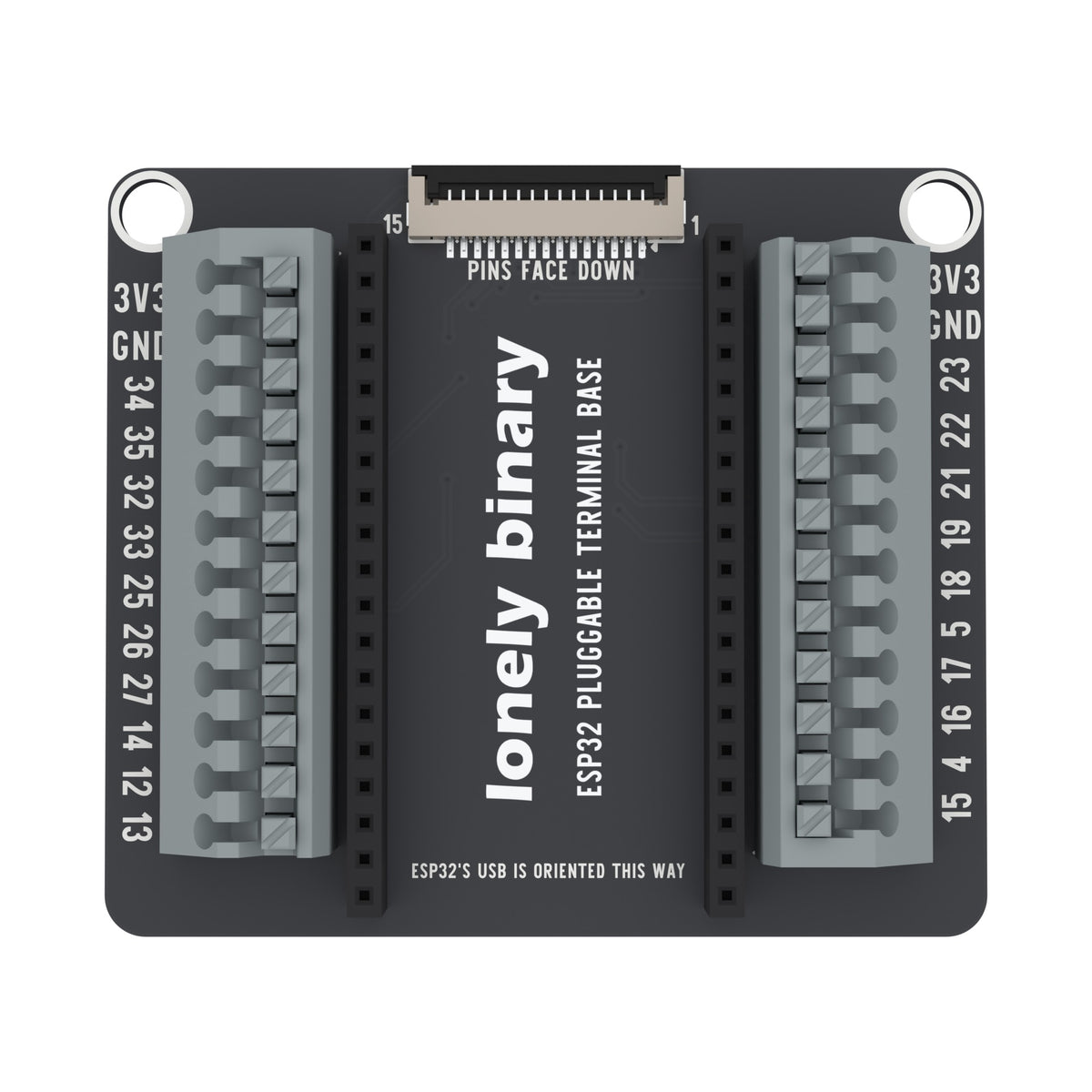 ESP32 Pluggable Terminal Base seen from above: two rows of grey push-in terminals either side of the ESP32 sockets