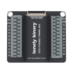 ESP32 Pluggable Terminal Base seen from above: two rows of grey push-in terminals either side of the ESP32 sockets