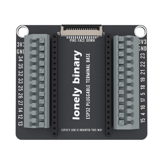 ESP32 Pluggable Terminal Base seen from above: two rows of grey push-in terminals either side of the ESP32 sockets