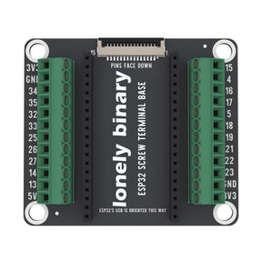 ESP32 Screw Terminal Base seen from above: two rows of green screw terminals either side of the ESP32 sockets