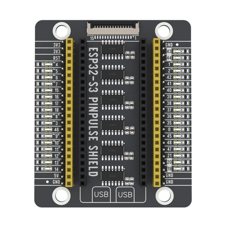 ESP32-S3 PinPulse Shield seen from above: GPIO labels, LEDs and display port