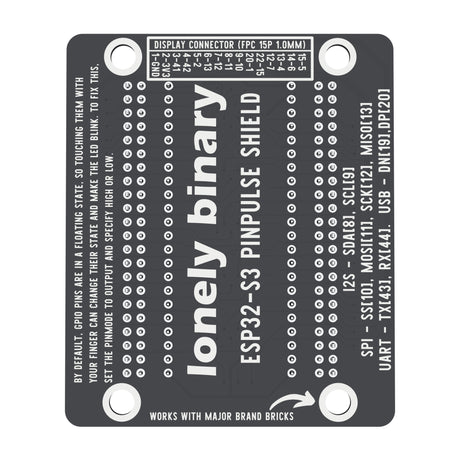 Underside of the ESP32-S3 PinPulse Shield with pin labels and display connector mapping