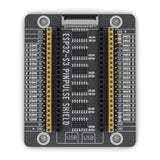 ESP32-S3 PinPulse Shield seen from above: GPIO labels, LEDs and display port