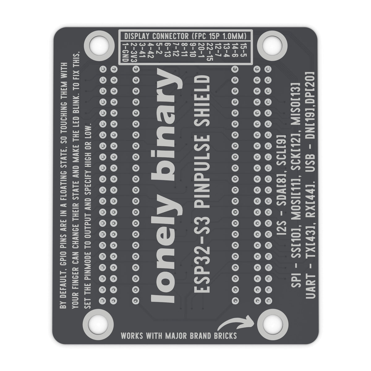 Underside of the ESP32-S3 PinPulse Shield with pin labels and display connector mapping
