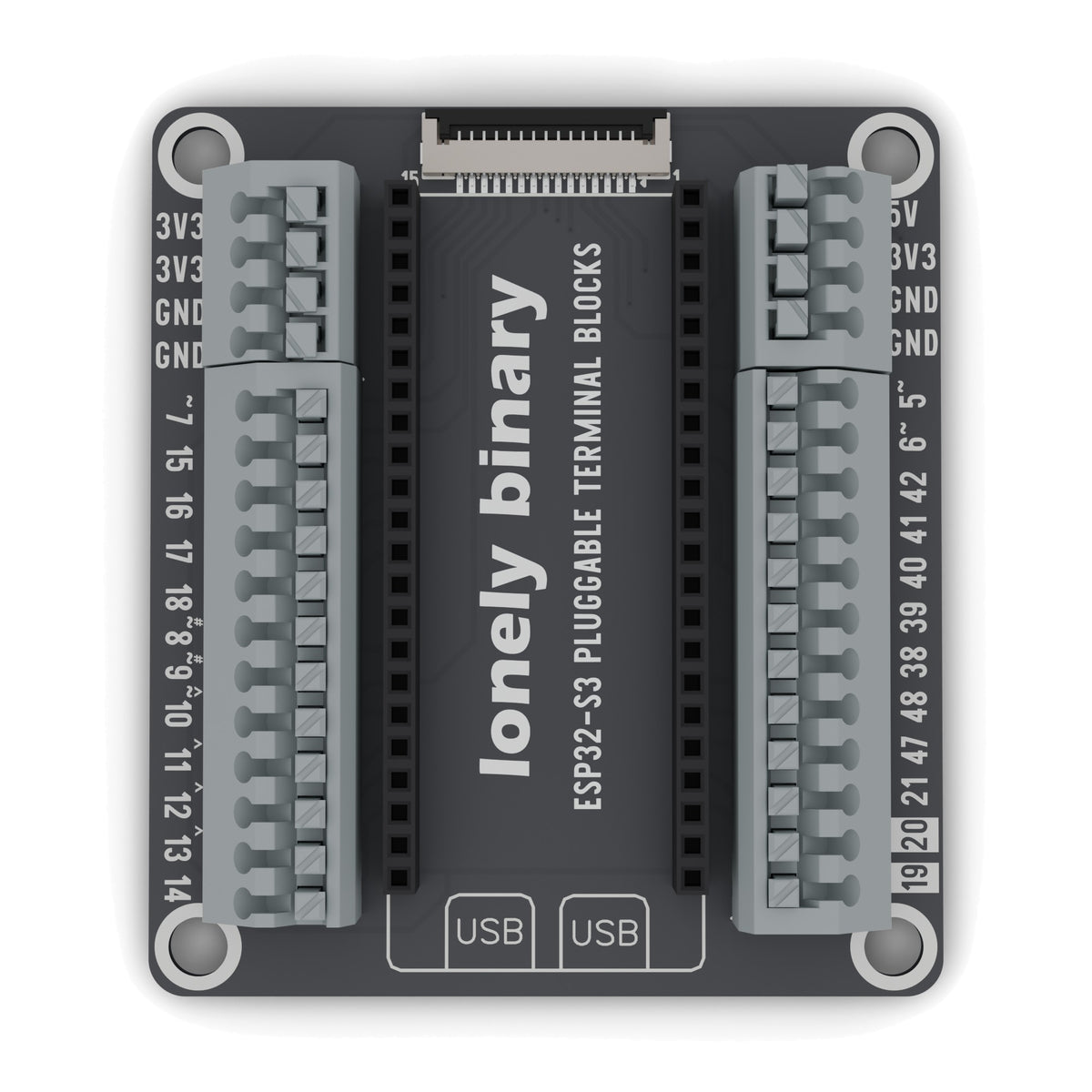 ESP32-S3 Pluggable Terminal Base seen from above: grey pluggable terminal blocks either side of the ESP32-S3 sockets