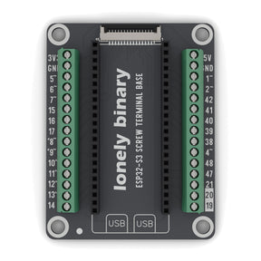 ESP32-S3 Screw Terminal Base seen from above: two rows of green screw terminals either side of the ESP32-S3 sockets