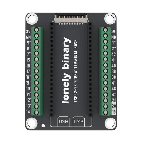 ESP32-S3 Screw Terminal Base seen from above: two rows of green screw terminals either side of the ESP32-S3 sockets