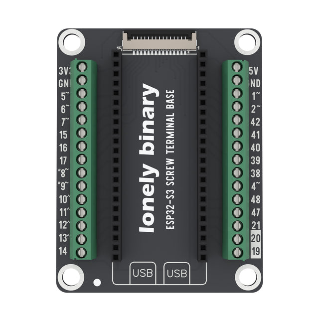ESP32-S3 Screw Terminal Base seen from above: two rows of green screw terminals either side of the ESP32-S3 sockets